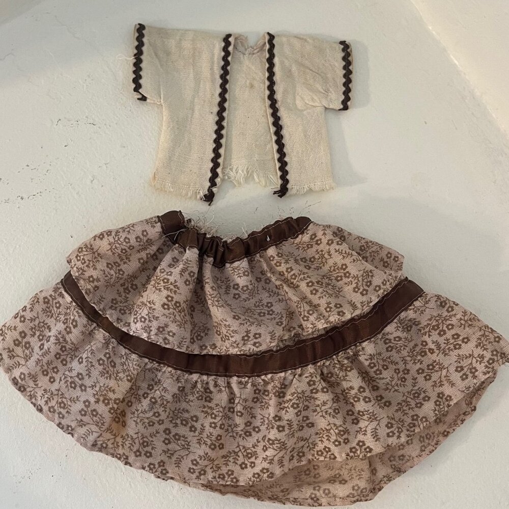 Vintage Doll Outfit Skirt & Jacket Vest & Farmer Hat w/ Flowers Beige & Brown - Picture 7 of 11